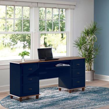 Imagem de Escrivaninha 6 Gavetas Suporte de Teclado Divisor de Ambiente 50606 Linz Móveis-Azul Petróleo/Imbuia