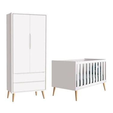Imagem de Berço Americano e Guarda Roupa 2 Portas Infantil Theo Branco Acetinado com Pés Madeira Natural – Reller