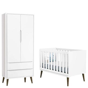 Imagem de Berço Americano e Guarda Roupa 2 Portas Infantil Theo Branco Acetinado com Pés Amadeirado – Reller