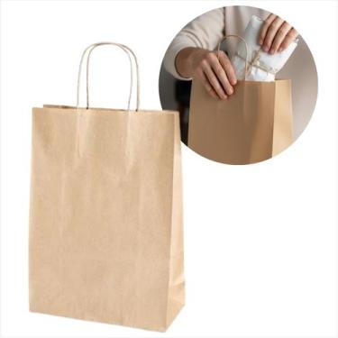 Imagem de Kit Com 12 Sacolas De Papel Kraft Marrom Natural Com Alça Torcida Para