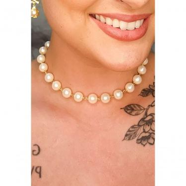 Imagem de Choker de Pérolas Grandes Floratta Joias F027 Banhado em Ouro 18k 38cm Dourado Feminino