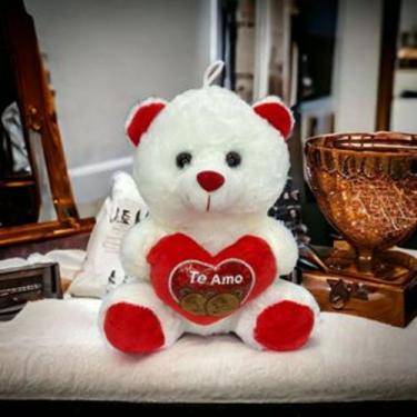 Imagem de Urso de Pelúcia com coração brinquedo 21cm/s - Toy King, Branco c, Ver
