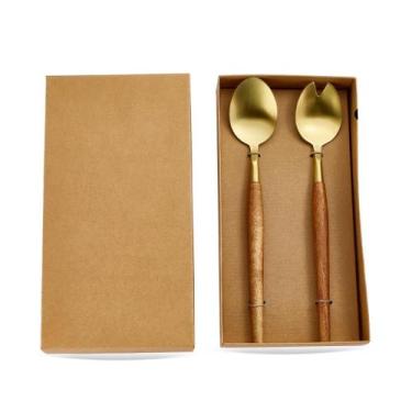 Imagem de Kit De 2 Talheres Com Cabo Em Madeira e Aço Inox Dourado BTC