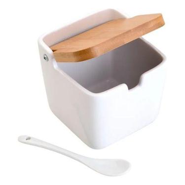 Imagem de Saleiro Cerâmica De Cozinha C/ Colher E Tampa De Bambu Branco - LYOR