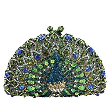 Imagem de Boutique De FGG Bolsa de mão feminina com strass pavão para noite, bolsa de mão rígida de casamento, festa de cristal, mini, Verde misto, Small