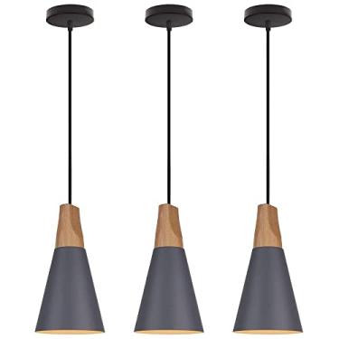 Imagem de Home-Neat Luminária Pendente Moderna, Pacote com 3 Luminária de Pingente de Madeira E27 Ø14CM para Cozinha, Sala de jantar, sala de estar (Cinza)