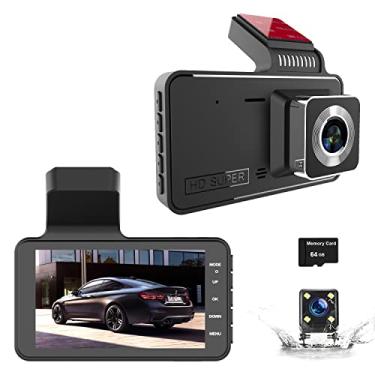 Imagem de XRC TECH Câmera veicular frontal e traseira FHD 1080p, câmera dupla para carros, tela LCD de 4 polegadas, câmera de painel de visão noturna grande angular DVR detector de movimento G-sensor (cartão SD de 64 GB incluído)