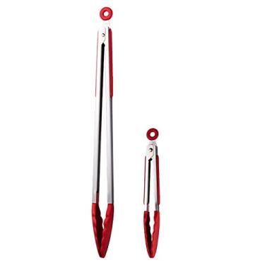 Imagem de UPTALY 2 pinças vermelhas para servir com cabeças de silicone (45 cm, 21 cm), pinça de grelha extra longa, pinças de churrasco de aço inoxidável com alça alongada, alicates de alimentos de tamanho pequeno para cozinhar, churrasco, buffet