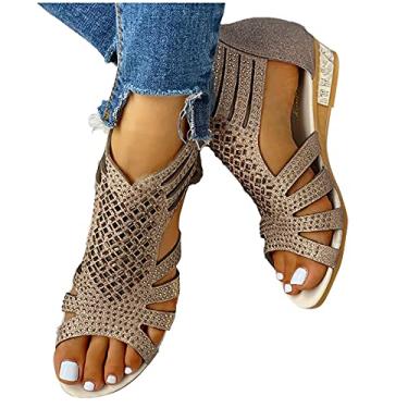 Imagem de Sandálias femininas elegantes de verão, sandálias planas cravejadas sandálias anabela sandálias de praia chinelos sapatos brilhantes, Dourado, 7.5