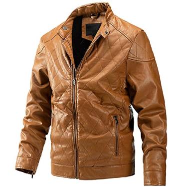 Imagem de Jaqueta masculina bomber falso com zíper Commuter premium PU motocicleta lapela jaqueta à prova de vento casaco de couro impermeável outono, amarelo, G (175 cm/68 kg)