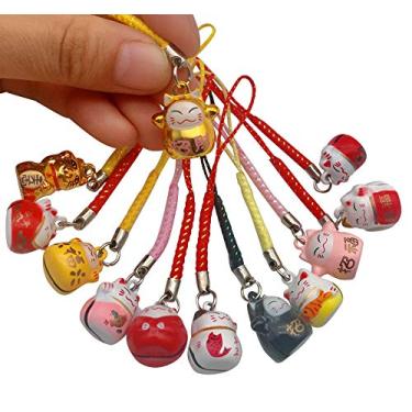 Imagem de EatingBiting 12 peças aleatórias Fortune Lucky Japanese Beckoning Cat Maneki Neko chaveiro chaveiro, chaveiro Fengshui Fortune Lucky Cat Kitty chaveiros chaveiro boa saúde mascote Evite o mal