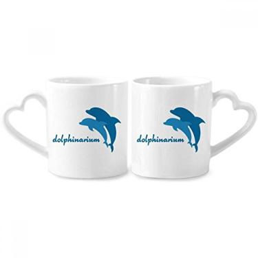 Imagem de Conjunto de canecas de porcelana para casal, estampa de golfinho amigável ao oceano azul, coração