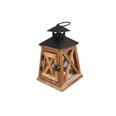 Imagem de ADITAM Lanterna de madeira rústica Vela Suporte de chá Candelabro Decoração com telhado de metal, Cabo Lanterna de vela para festa no jardim Mesa de jantar Lareira Camping (Madeira, 20x12,5x12,5CM)