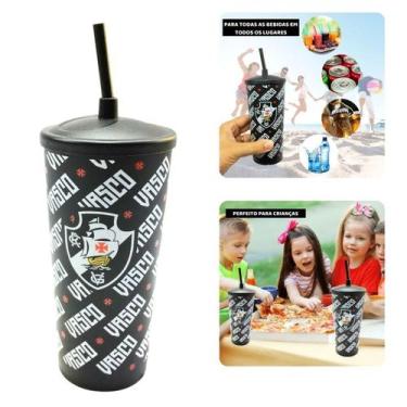 Imagem de Copo Plástico Preto Tampa + Canudo 500Ml Infantil Criança - Brasfoot