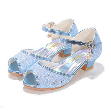 Imagem de ALPHELIGANCE Sandálias Mary Jane Glitter Sandálias de festa de casamento Sapatos de princesa com tiras de flores, Azul, 3 Little Kid