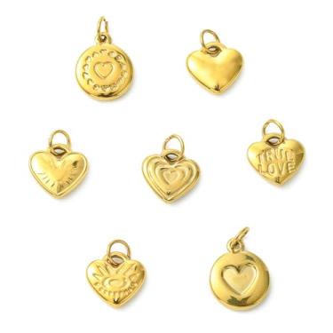 Imagem de UR URLIFEHALL 7 peças, 7 estilos, pingentes de coração de aço inoxidável, pingentes dourados de coração com anel de salto para colar faça você mesmo, brinco, pingente, bijuteria