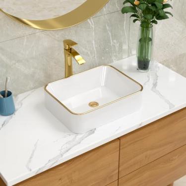 Imagem de Lordear Pia de banheiro retangular de 48 cm – Pia de banheiro retangular moderna acima do balcão branca 48 x 38 cm de porcelana com lavatório de arte com acabamento dourado
