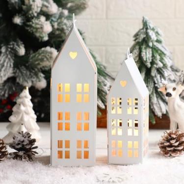 Imagem de SiliFine 2 conjuntos de decoração de casas de Natal com 2 peças de velas de metal moderno lanterna de fazenda decorativa para Natal, casa, mesa, lareira prateleira decoração