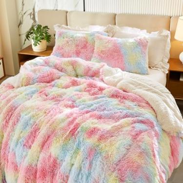 Imagem de FlySheep Conjunto de edredom luxuoso de pele sintética felpudo colorido fofo king size arco-íris cabelo longo, plush sherpa forro reversível conjunto de cama super quente para o inverno