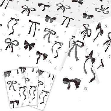 Imagem de CHANGZHONG Toalha de mesa com laço preto, decoração de aniversário, 3 peças, 137 x 272 cm, toalha de mesa grande, de plástico, adequada para crianças, aniversário, chá de bebê e outras decorações de