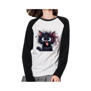 Imagem de Camiseta Gótica Feminina Preta De Manga Longa Com Estampa De Gato Sarc