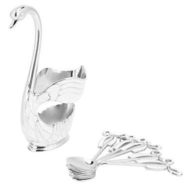 Imagem de YOUTHINK Colheres de café Com Suporte Conjunto de Colher de café Com Suporte de Base de Cisne, Talheres de Sobremesa de Frutas de Base de Cisne Organizador de Colher Artesanato (Branco prateado)