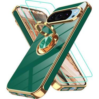 Imagem de Gritup Capa para Google Pixel 10 Pro com 2 peças de protetor de tela | Suporte magnético de rotação de 360° | Revestimento de borda dourada macia TPU protetora básica para capa Pixel 10 verde
