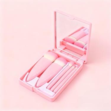 Imagem de Conjunto de 5 pincéis de maquiagem com espelho, kit de pincéis portáteis em caixa – Inclui pincel de base, pincel de pó, pincel de blush, pincel de sombra | Mini ferramentas multifuncionais de