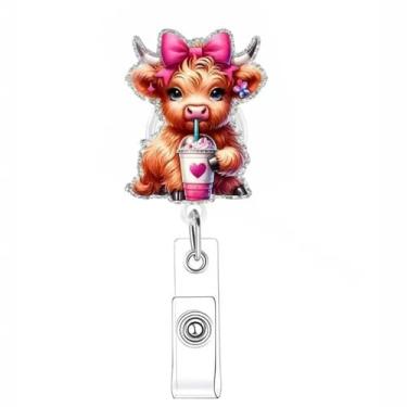 Imagem de Carretel de crachá de Dia dos Namorados, Carretel de crachá de enfermeira de vaca Highland fofo, suporte de crachá de coração rosa, clipe retrátil para uso para médicos, estudantes de enfermagem