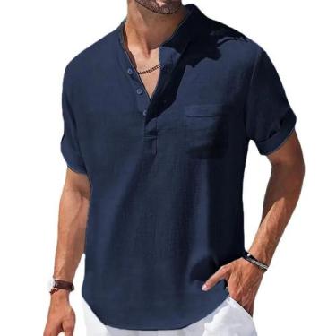 Imagem de Camiseta Masculina De Verão Em Algodão E Linho Com Gola Henley, Roupa 