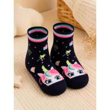 Imagem de Meia com sola Puket unicornio menina marinho com rosa, Azul escuro, 19