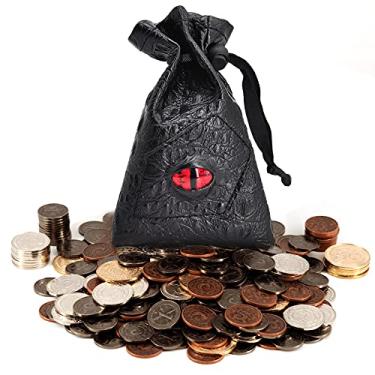 Imagem de Conjunto de 60 moedas de metal DND com bolsa de couro – fichas de jogos, tesouro pirata, acessórios e adereços para jogos de tabuleiro, Dungeons and Dragons, RPGs de mesa e LARP