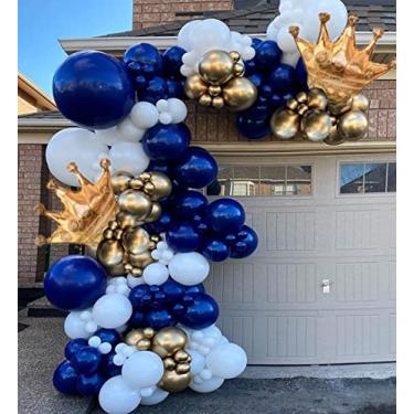 Imagem de 145 peças de guirlanda de balão azul marinho, kit de arco, balões brancos dourados e azuis reais com balões de coroa de alumínio para meninos, festa de aniversário, formatura, chá de bebê, decorações de festa de celebração