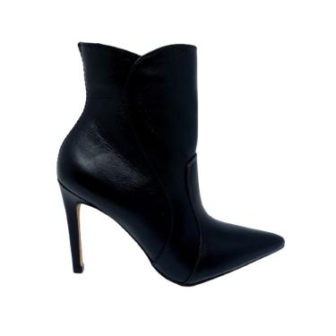 Imagem de Bota Preta Bico Fino Salto Fino Cano Curto em Couro