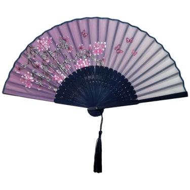 Imagem de Leque de Mão Japonês Bambu Madeira Tecido - Galleria 77, Lilás Sakura