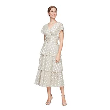 Imagem de S.L. Fashions Vestido feminino midi de manga curta com decote em V e cintura franzida, vestido de convidada de casamento (tamanho pequeno e regular), Champanhe dourado, 44