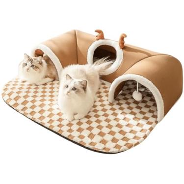 Imagem de CXYYXF Cama de túnel para gatos interna, cama caverna Peekaboo para vários gatos, tubo de gatinho com bolas, lavável, túnel de animais pequenos para gatinho, coelho (marrom, pequeno)