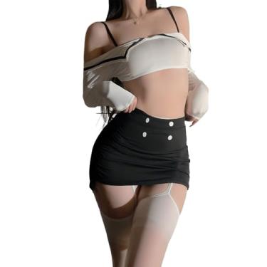 Imagem de QNCLO Lingerie feminina cosplay secretaria OL roupas de escritório femininas sexy pijama de professora japonesa, Branco e preto, Tamanho Único