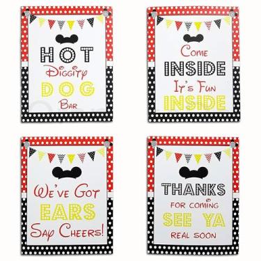 Imagem de Conjunto de 4 placas de festa do Mickey – 20,3 x 25,4 cm para festas do Mickey Mouse, artigos de festa impressos em cartolina | Placas inspiradas no Mickey Mouse Clubhouse | Etiquetas de comida Decoração Disney Hot Dog Bar Decor