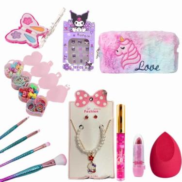 Imagem de Kit Maquiagem Infantil com Necessaire Unicórnio ou Gatos 36 Itens, Gloss, Batom, Sombra, Acessórios,