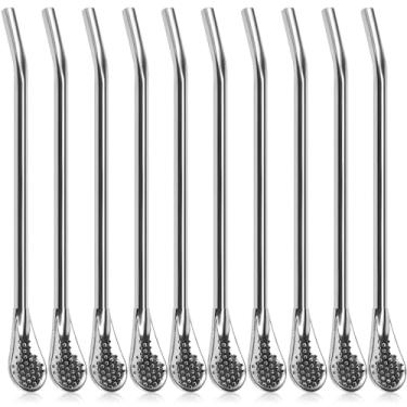 Imagem de 10 peças de colher de canudo de filtro de aço inoxidável canudos de chá de erva mate colheres filtradas multifuncionais para beber canudo reutilizável colher de mexer canudo 7,2 polegadas (prata)