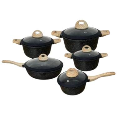 Imagem de Jogo de Panelas 5 Pe�as � Revestimento Cer�mico de Granito Antiaderente, Panelas com Tampas de Vidro Temperado, Compat�vel com G�s, El�trico e Vitrocer�mico Cor preta