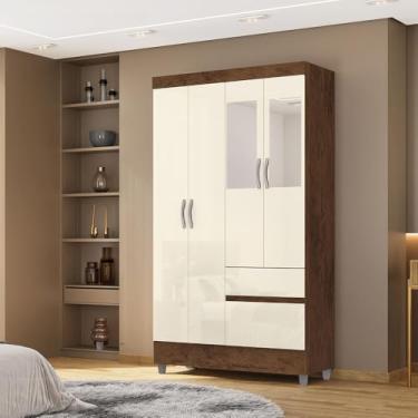Imagem de Guarda Roupa Solteiro Abruzzo 4 Portas de Bater 2 com Espelhos 2 Gavetas Nogueira/OffWhite G98 - Gran Belo