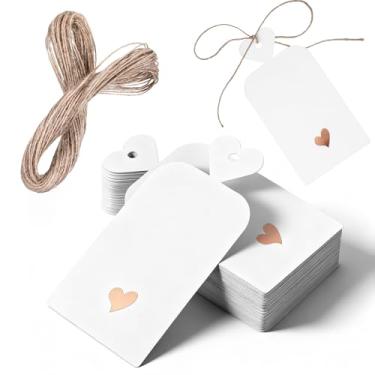 Imagem de 100 etiquetas de presente em branco com cordão, etiquetas de papel branco com coração de ouro rosa, etiquetas escritas personalizadas para aniversário, casamento, Natal, dia dos namorados