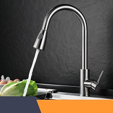 Imagem de Torneiras de cozinha de prata de alça única de puxar para fora torneira de cozinha de furo único giratória 360 graus torneira misturadora de água torneira misturadora, sus304 níquel, china