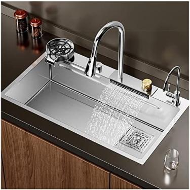 Imagem de Pia De Cozinha Em Cascata Nano Raindance Preta Em Aço Inoxidável Farmhouse Pias Utilitárias De Tigela Única Para Uma Lavanderia, Pia De Bancada Com Lavadora De Garrafas De Copo De Vidro, Instalaçã