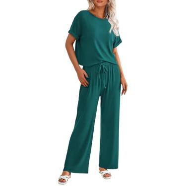 Imagem de PRETTYGARDEN Camiseta feminina de verão de 2 peças de malha de manga curta e calça de treino de perna larga roupa casual, Verde, Small