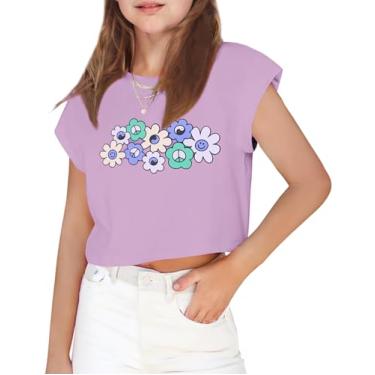 Imagem de Arshiner Camiseta feminina cropped manga curta verão ombro caído manga morcego gola redonda camiseta solta, Flor roxa, 12
