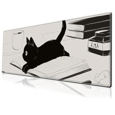 Imagem de Tapete de mouse para jogos de gato preto de anime fofo, tapete de mesa grande de desenho animado, mousepad de 80 x 29 cm, base de borracha antiderrapante estendida, tapete de teclado com bordas