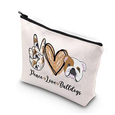 Imagem de BDPWSS Bolsa de maquiagem buldogue presente para amantes de buldogue paz amor buldogues presentes para mulheres buldogue mãe kit sobrevivência buldogue dono presente, Peace Love Bulldog